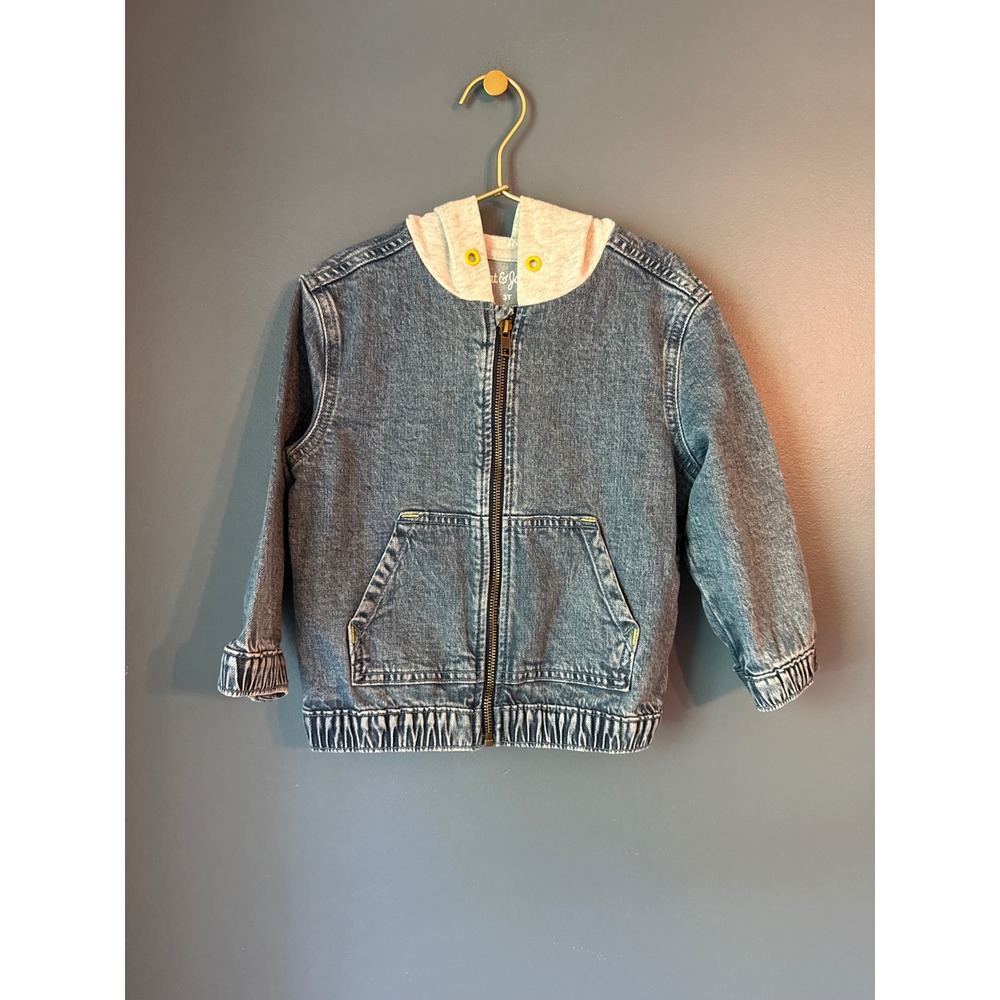 Cat & Jack Toddler 3T Denim Hooded Jacket Blue Acid Wash Full Zip Bomber